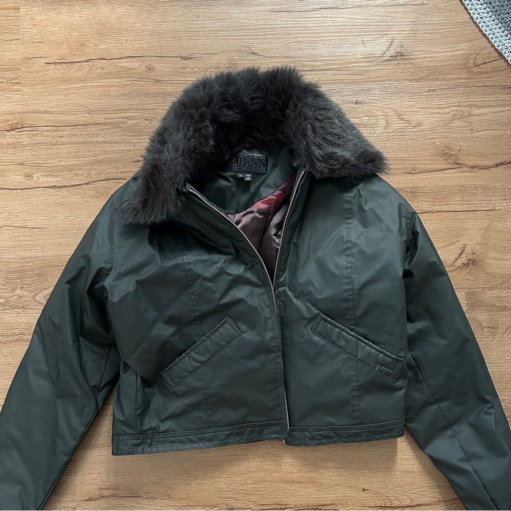 GUESS Women's Dark Green Jacket with Faux Fur Collar